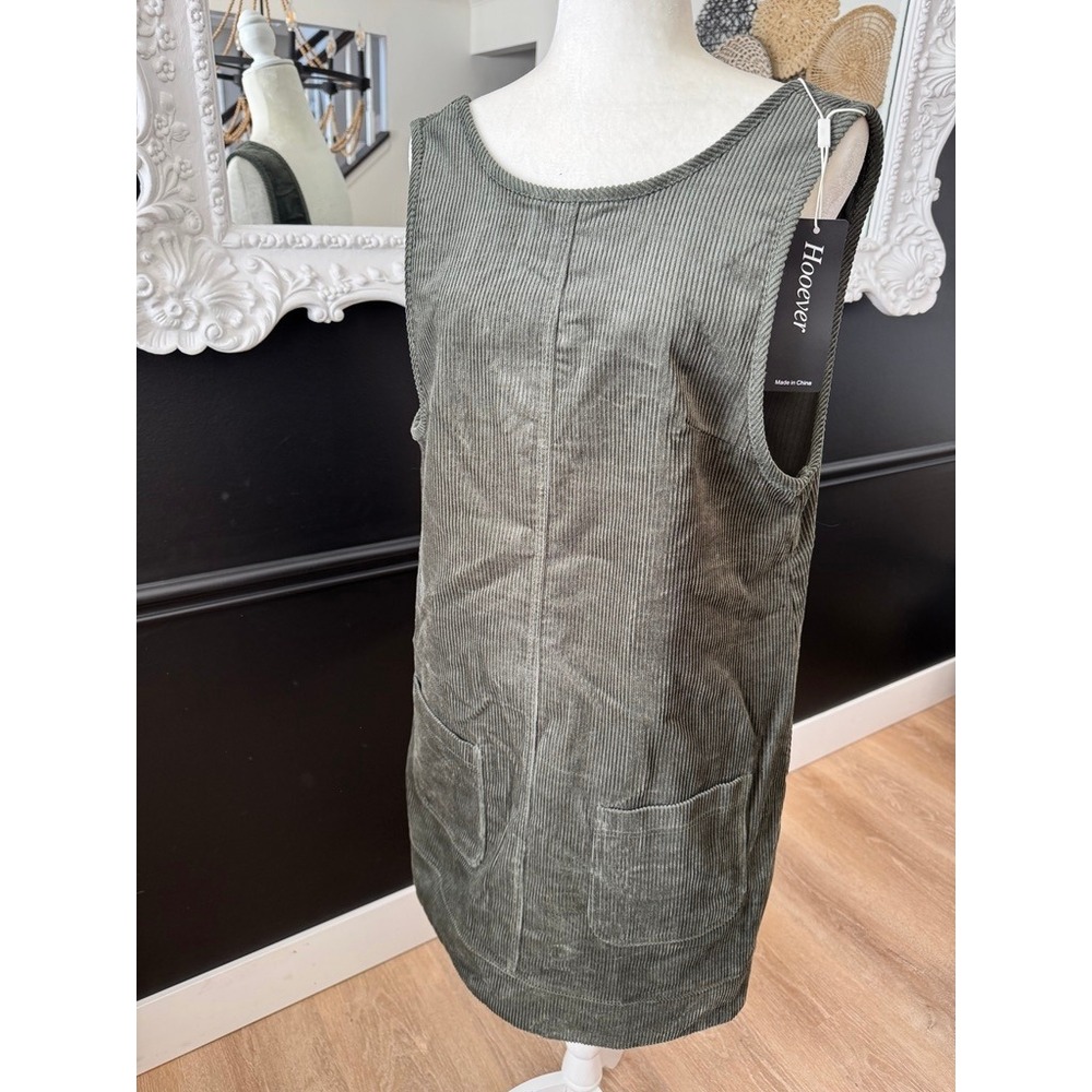 Hooever Olive Green Corduroy Pinafore Dress Sleeveless Scoop Neck Jumper NWT - Picture 1 of 4